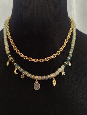LOFT Celestial Beaded Necklace Gold Tone Aqua Green Blue Moon Star Charms